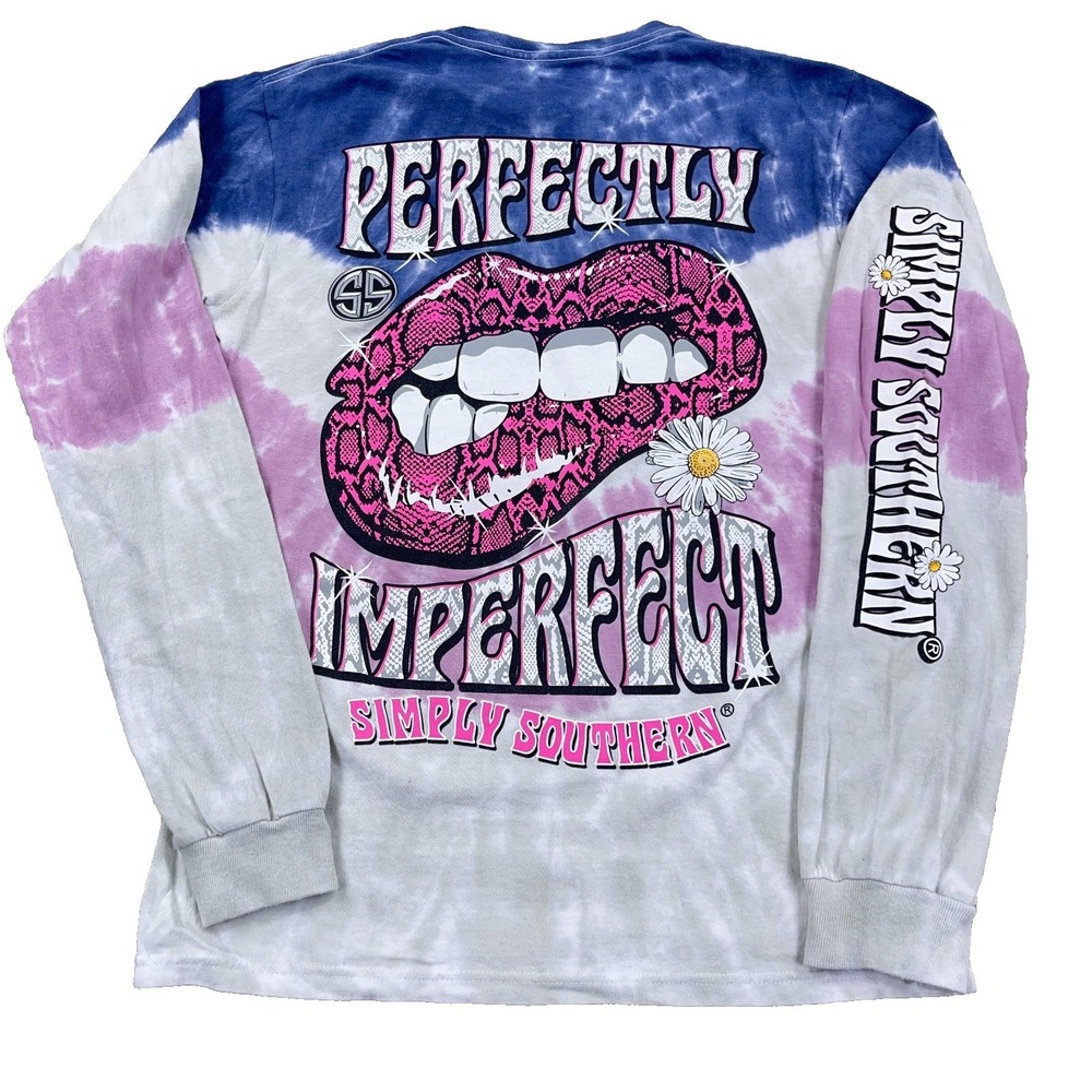 Simply Southern Shirt Women Small Pink Blue Tie Dye Long Sleeve Tee Mom Lips Top